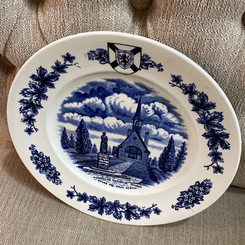 Vintage Memorial Church Grand Pre Nova Scotia Blue White 10” Plate Burleigh
